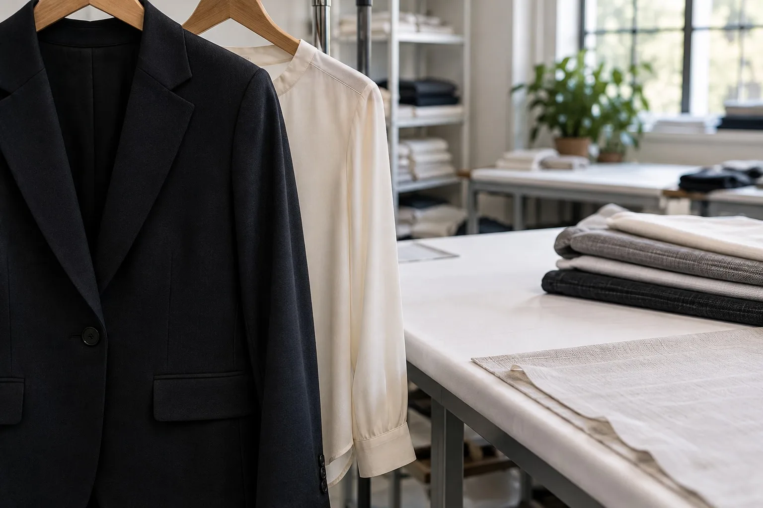 Jacke und Bluse neben einem sauberen Arbeitstisch für die Textilpflege